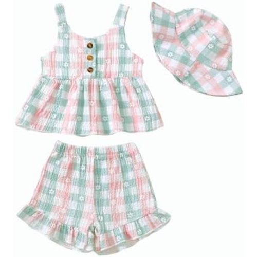 Thorn Tree Infant Baby Girl Summer Clothes Sleeveless Hem Vest Top Ruffle Shorts Sun Helmet 3Pcs Outdoor Outfits