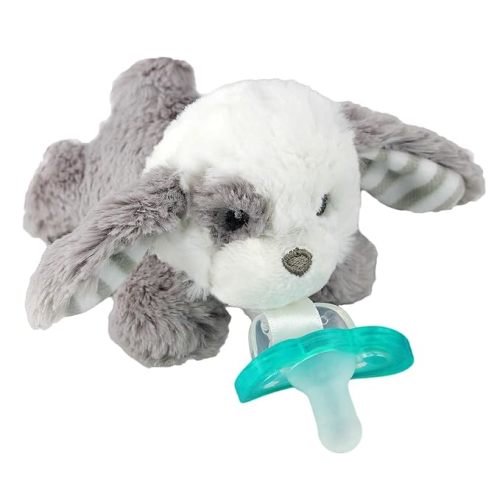 RaZbaby JollyPop Pacifier, Holder w/Detachable Baby Pacifier, Stuffed Animal RaZbuddy, All Ages 0M+, 100% Medical Grade USA Made Silicone, Machine Washable, Textured & Easy to Hold – Puppy