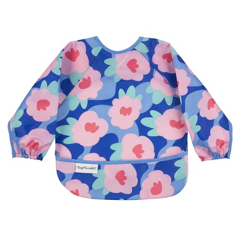 Tiny Twinkle Mess Proof Baby Bib,Waterproof Smock Baby Bib for Eating,Machine Washable Long Sleeve Bib,Baby Led Weaning,Toddler Bib,BLW Supplies(Floral Blue, Small 6-24 Months)