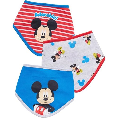 Disney Baby Unisex Mickey Mouse Bandana Bib 3-Pack - Mickey Mouse Baby Bibs (Blue/Red/Grey, 0-12M)