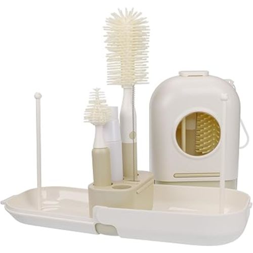 Portable Silicone Baby Bottle Cleaning Brush Set – All-in-One Travel Kit with Bottle Brush, Nipple Brush, Straw Brush, Cleaning Solution Bottle & Drying Rack for On-The-Go Parents (Gry)