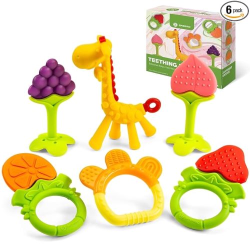 Silicone Baby Teethers - Freezer Safe Teething Toys for Infants 0-6 Months - 6 Pack