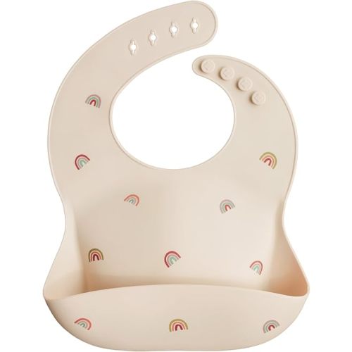 mushie Silicone Baby Bib | Adjustable Fit Waterproof Bibs (Rainbows)