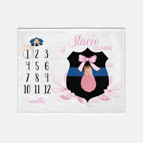 Thin Blue Line Baby Milestone Blanket, Policeman Baby Blanket, Girl Milestone Blanket, Personalized Police Baby Blanket, Monthly Blanket B17