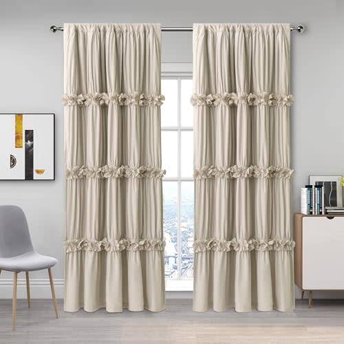 Homechoice Decor Thermal Insulated Blackout Window Curtains, 52" W x 96" L x 2 Panels, Boho Ruched Window Treatments with 3 Rows of Butterfly Flowers, Rustic Rod Pocket Drapes for Room, Camel (LQ-30)