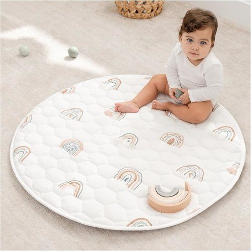 Comfy Cubs Kids Play Mat, Round 91.5 cm - 0+ Months, Small Soft Baby Mat with Non-Slip Bottom - Safe, Plush Quilted Surface for Kids Playtime, Tummy Time, Relaxation, and Comfort Rainbow