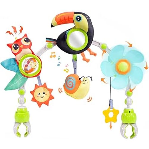 Koty Baby Stroller Arch Toy with Teether, Rattle, Crinkle Sound, Mirror & Music Box, Newborns Sensory Activity Carrier Take-Along Toy, Adjustable for Bouncers, Car Seat & Pram 0M+(Toucan)