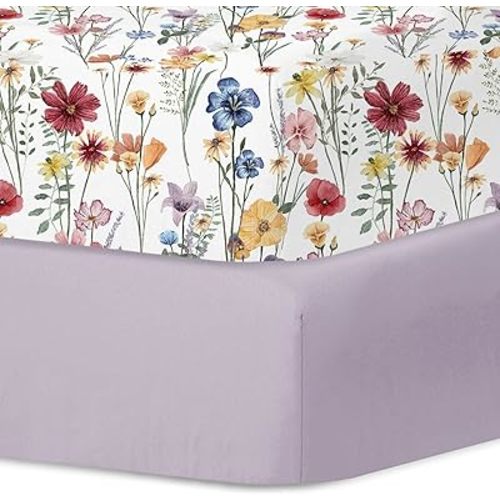 Bimocosy Crib Sheets Fitted for Girls 2 Pack, Baby Crib Mattress Sheets, Super Warm Bed Sheets, Size 28"x 52" for Standard Crib and Toddler Mattresses, Super Soft and Breathable Microfiber Flower
