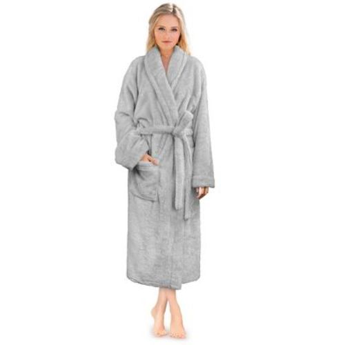 PAVILIA Premium Womens Plush Soft Robe Fluffy Warm, Fleece Faux Shearling Shaggy Bathrobe (Light Gray, Small-Medium)