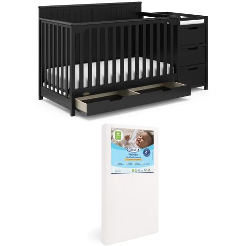 Graco Hadley 5-in-1 Convertible Crib and Changer and Premium Crib & Toddler Mattress Bundle, Black