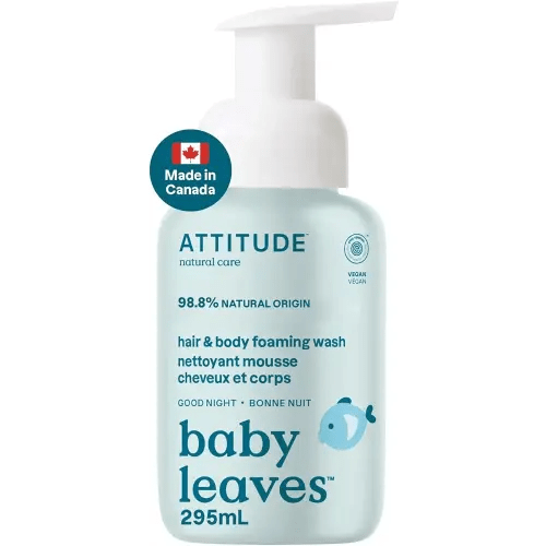 ATTITUDE 2-in-1 Hair and Body Foaming Baby Wash, Made in Canada, EWG Verified Shampoo Soap, Dermatologically Tested, Made with Naturally Derived Ingredients, Vegan, Good Night, 295 mL