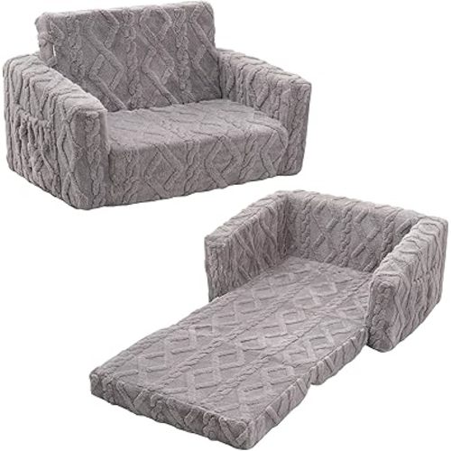 Kids Sofa, 2-in-1 Flannel Fold Out Couch, Convertible to Lounger, Flip Open Chair for Toddlers (Grey)
