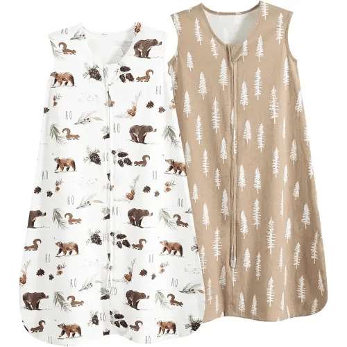 david's kids 100% Organic Cotton Baby Sleep Sack 6-12 Months, Soft Baby Wearable Blankets with 2-Way Zipper, 2 Pack Comfy Sleeping Bags for Infant Newborn Boys Girls, Medium Size, Woodland