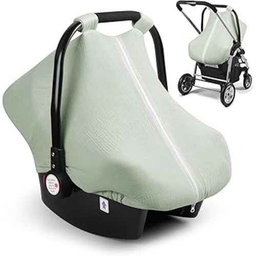 Elstey Muslin Baby Car Seat Cover, Breathable Carseat Canopy with Fully Zipper Opening, Universal Fit Infant Stroller Carrier Covers for Boys and Girls