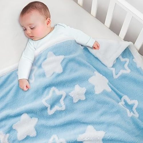 Baby Blanket for Toddlers, Reversible Star Jacquard Ultra Soft Shaggy Fleece Swaddle Receiving Cozy Double-Sided Nursery Bed Blanket for Unisex Baby Infants Stroller Crib Bedding, 33x43 Inches, Blue