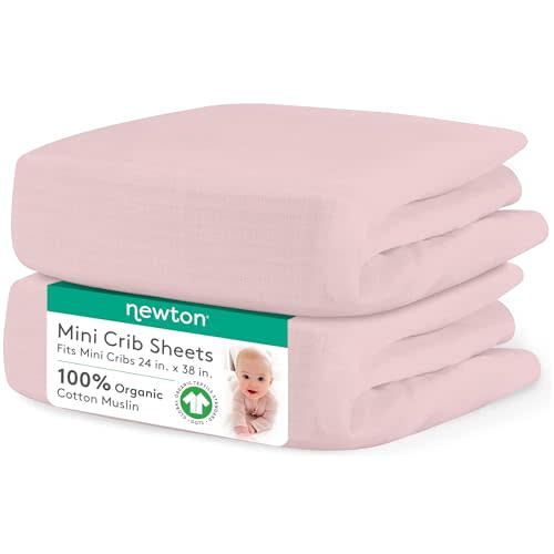 Newton Baby Mini Crib Fitted Sheets (2-Pack) | Organic Muslin Cotton, Ultra Breathable & Soft Baby Sheets, Machine Washable Baby Mattress Sheets, Fits Any Mini Sized Crib 24" x 38", Sunrise Pink