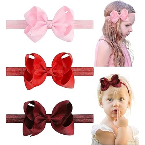 jollybows Hairband - 3 PCS 4" Baby Girls Headbands Boutique Grosgrain Ribbon Hair Bows for Baby Girls Infants Toddler Kids Teens and Children - Pink, Red, Burgundy