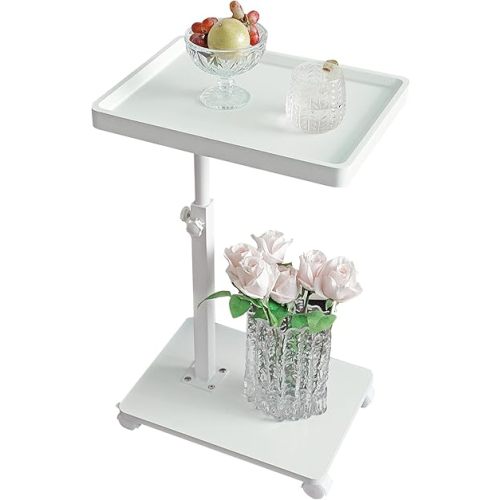 YYW Adjustable C-Shaped End Table with Removable Wheels & Convertible Base - 360° Swivel Height-Adjustable (17.7"-31.5") Sofa/Bedside Table, Minimalist Solid Colors for Modern Spaces (White)