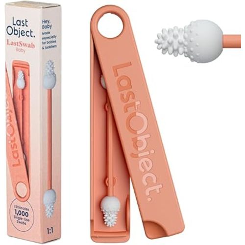 LastSwab™ Baby Reusable Cotton Swabs for Newborns & Infants - Gentle Silicone Safety Swabs, Ear & Nose Cleaner - Washable Single-Use Swab Alternative, BPA-Free, Zero Waste - Peach