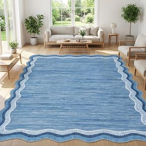 Garvee Scalloped 8x10 Rugs Washable Area Rugs for Living Room,Modern Stain Resistant Solid Rug for Bedroom, Scalloped Low Pile Non-Slip Neutral Rug for Farmhouse Dining Room Home Office Dorm,Blue