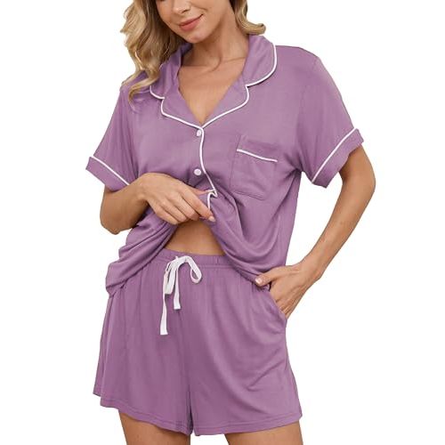 Yoolfine Womens Pajama Sets Short Sleeve Sleepwear Soft Button Down Nightwear Lounge Pj Set XS-XXL