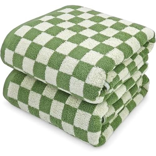 Jacquotha Bath Towels Set of 2 - Luxury Cotton Bathroom Shower Towels Body 55” x 27.5” Absorbent, Quick Dry, 520GSM, Green Checkered Home Decor Gifts