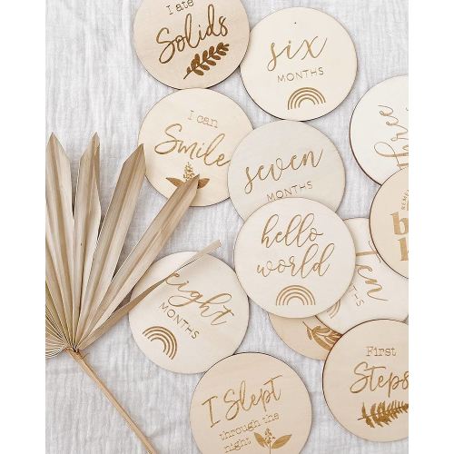 Baby Monthly Milestone Wooden Discs 12 Double Sided (24 Designs) Cards, Hello World Sign, Newborn Photo Props, Welcome Announcement, Hospital Birth Gift, Pregnancy Journey, Age Blocks