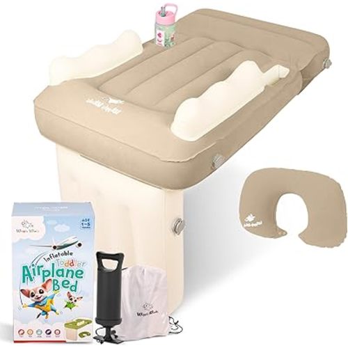 Toddler Airplane Bed – Inflatable Airplane Bed for Toddler & Baby Airplane Bed w/Neck Cushion, Safety Belt, Carry Bag, Fast Pump, Cup Holder, Storage Pocket – Seat Extender (Beige)