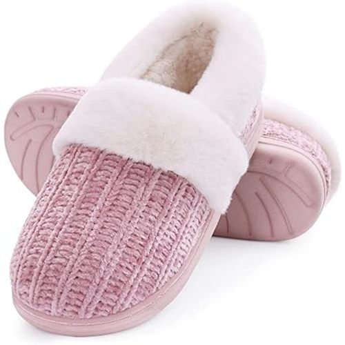Evshine Women's Fuzzy Memory Foam Slippers, Closed Back Knit Bedroom Slippers, Slip-On Warm House Shoes for Indoor & Outdoor Comfort