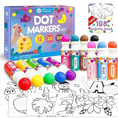 Jar Melo Washable Dot Art Markers Kit, 12 Colors Bingo Markers Non-Toxic with FREE PDF Activity Book & Physical Sheets, Daubers Marker for Toddler Easter Gift