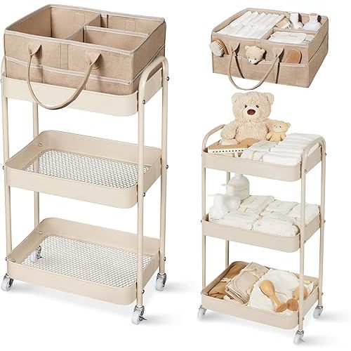 Fortella Baby Diaper Caddy, 3 Tier Rolling Storage Cart for Baby Essentials, Diaper Cart with Detachable Dividers, Storage & Baby Bottle Organizer, Nursery Dresser for Bedroom, Living Room (Taupe)