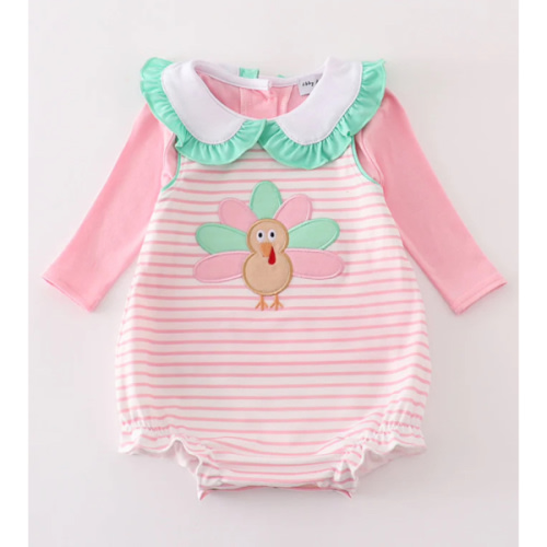 Pink stripe turkey applique 2pc girl bubble set