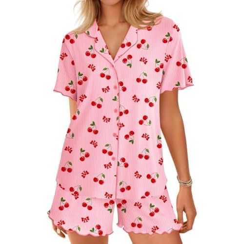 Ekouaer Button Up Pajamas Set for Women Short Sleeve Ribbed Knit Sleepwear 2 Piece Pjs Shorts Set