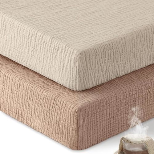 Unnivoll Muslin Crib Sheets for Boys Girls, 100% Cotton Fitted Crib Sheet 2 Pack for Standard Crib and Toddler Mattress, Breathable Soft Baby Sheet 28x52x8in Beige & Brown