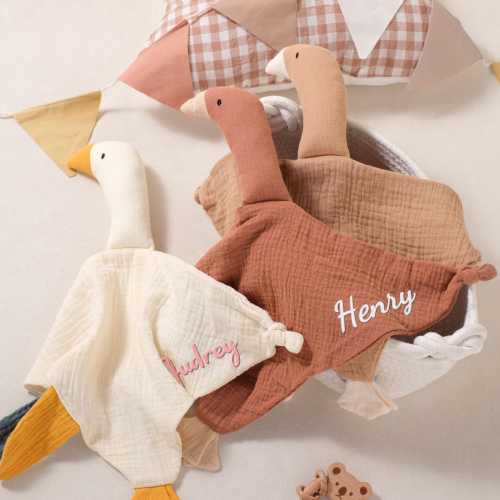 Personalized Goose Baby Lovey Blanket: Hand-Embroidered Organic Cotton Muslin