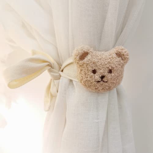2 Pack Cute Curtain Tiebacks Cartoon Bears Embroidered Animal Shape Bedroom Accessories(Beige)