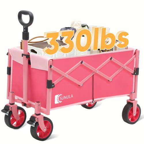 CayaElegant Innovations 330LBS Collapsible Wagon - 34.34gal Heavy Duty Cart w/All-Terrain Wheels - Foldable for Beach, Camping, Groceries & Sports (Pink)