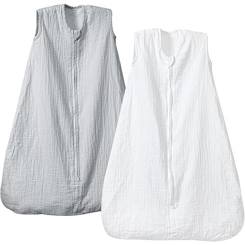PHF 100% Muslin Cotton Baby Sleep Sacks, 6-12 Months Sleep Sack with 2-Way Zipper, 2 Pack Cooling Unisex 0.5 TOG Breathable Medium Size Sleeveless Baby Wearable Blanket, White & Grey