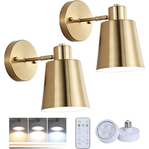 Battery Operated Wall Sconce Set of Two,Gold Modern with Remote Control Dimmable Wall Lighting Indoor, Not Hardwired Led Wall Lamp Fixtures for Bedroom, Bulb Included