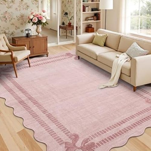 Latte&Fog Washable Pink Rug for Living Room, 6x9 Scalloped Bow Area Rugs for Girls Bedroom, Kitchen, Vintage Floral Throw Rug for Kids Nursery, Non-Slip Soft Carpets for Bathroom, Beside, Dorm, Office