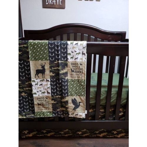 So deerly loved,ducks,trucks and eight point bucks,wholecloth patchwork woodland camouflage boy crib bedding set,toddler blanket