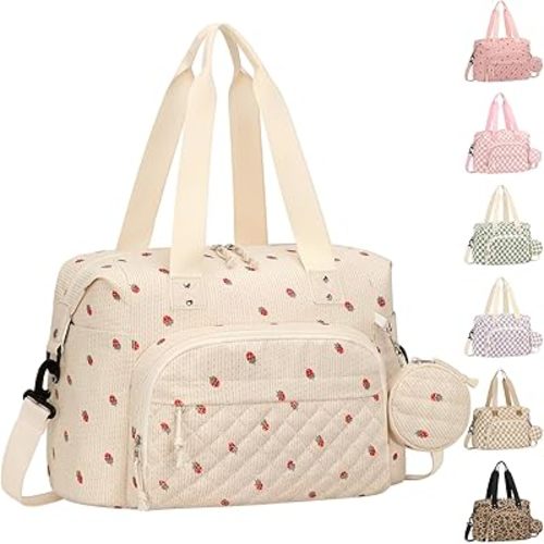 Tenot Diaper Bag Tote, Baby Bag with Pacifier Case Beige Strawberry