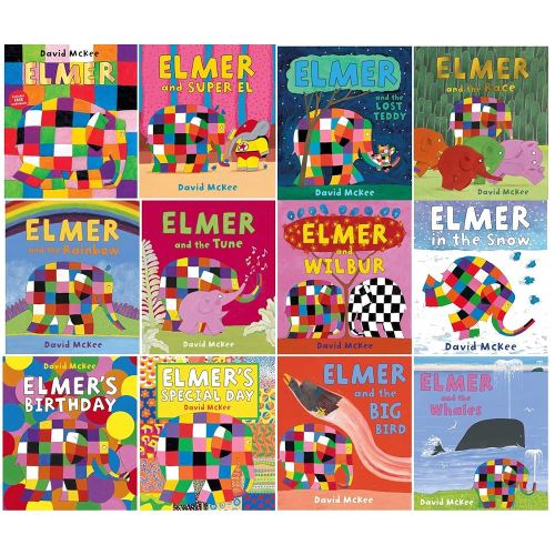 Elmer Classic Picture Books Series Books 1 - 12 Collection Set by David McKee (Elmer, Super El, Lost Teddy, Race, Rainbow, Tune, Wilbur, Snow, Birthday, Special Day, Big Bird & Whales)