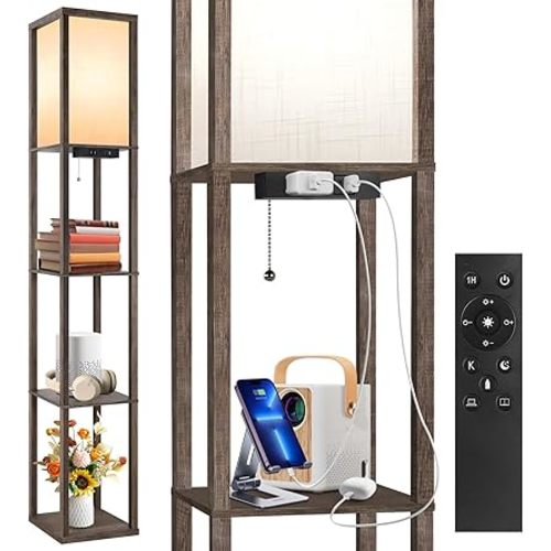 OUTON Floor Lamp with Shelves, Dimmable Shelf Floor Lamp with 1 USB & 1 Type C Ports, 1 Power Outlet, Modern Standing Lamp with 4 Color Temperature for Living Room, Bedroom, Dark Grey