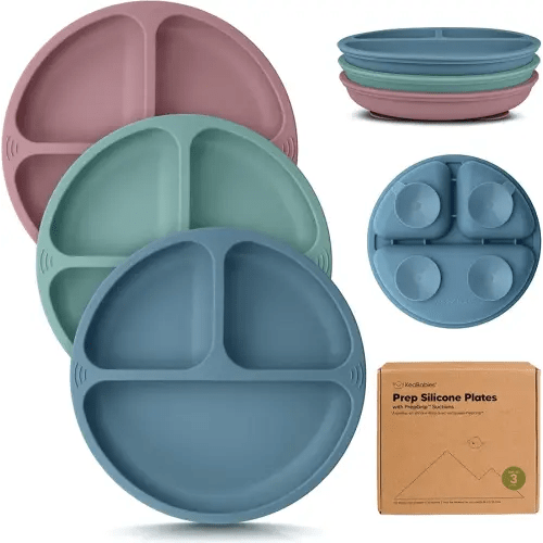 KeaBabies Suction Plates for Baby, Toddler - 3-Pack 100% Silicone Toddler Plates with Suction, Divided, BPA-Free Baby Led Weaning Essentials for Kids, Dishwasher, Microwave Safe, Durable (Quantum)