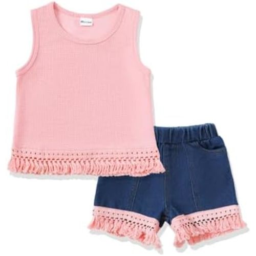 Mikrdoo Baby Girl Clothes Toddler Girl Summer Outfits Shirts Tops Ripped Denim Shorts Set Little Girl Clothes