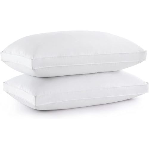 Goose Down Feather Pillows with 100% Cotton Cover, Queen Size Gusseted Bed Hotel Collection Pillows for Sleeping, Set of 2