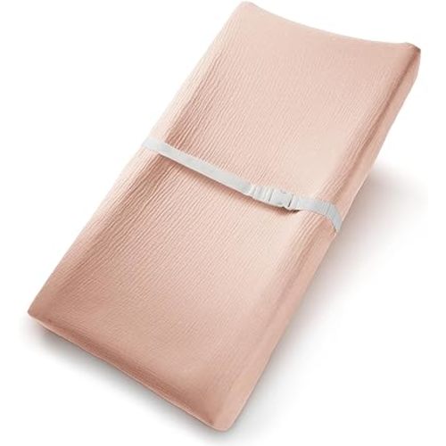 Comfy Cubs Muslin Fitted Changing Pad Cover - Soft, Breathable & Washable 100% Cotton Fitted Sheet for Baby's Comfort - Universal Fit for Flat & Curved Baby Changer Pad - Blush