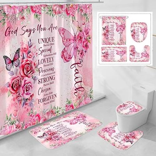 4 Pcs Pink Butterfly Inspirational Quotes Shower Curtain Set with Rugs and Toilet Lid Cover, Colorful Boho Waterproof Fabric Bathroom Set, Bible Verse Floral Bathroom Decor Set Accessories