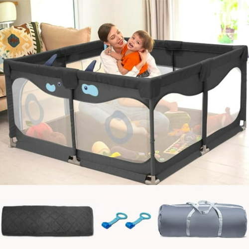 Baby Playpen with Mat, 50" x 50" x 27" Play Yard with Washable Playmat, Pull Rings, Storage Bag for Babies